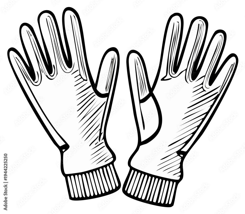 Obraz premium Pair of winter gloves illustration in ink outline for warmth and protection against cold weather, hand drawn graphic.