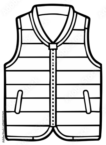 Black and white illustration of a puffer vest with a zipper and pockets, line art