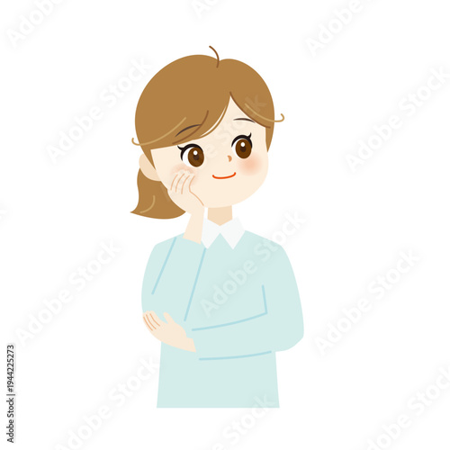 頬杖をついて笑顔の女性のイラスト　リラックス・思案中
