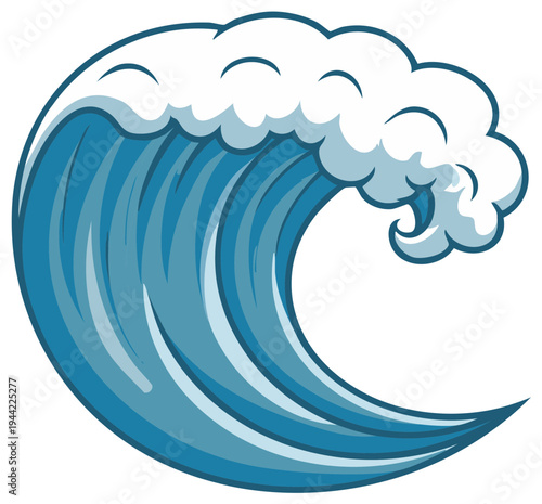 Illustration of a large ocean wave with white foam crest.
