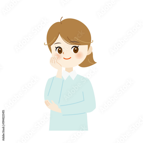 頬杖をついて笑顔の女性のイラスト　リラックス・思案中