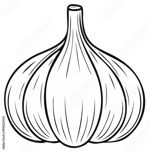 Black and white line drawing illustration of a whole garlic bulb with detailed cloves and stem.