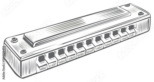 Vintage Harmonica Musical Instrument Illustration Woodcut Style Black and White
