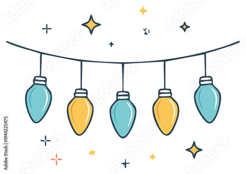Festive illustration featuring a string of Christmas lights and shining stars with festive mood