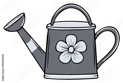 Decorative gray watering can with a flower design for garden use and plant care