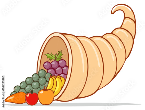 Cartoon Cornucopia Horn of Plenty overflowing with fruit and vegetables for Thanksgiving