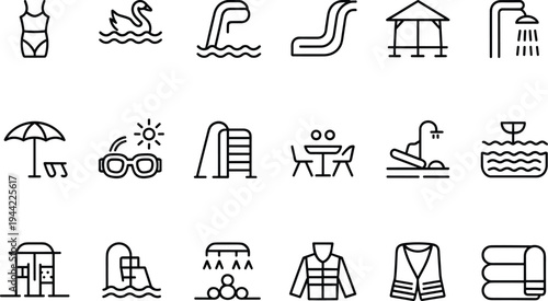 swimming, pool, water, summer, recreation, slide, shower, umbrella, goggles, swimsuit, safety, lifeguard, leisure, line, icon, set, outline, vector, collection, resort