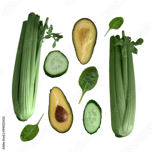 Fresh celery stalks, avocado halves, cucumber slices and spinach leaves isolated on white background.Vegetables