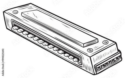 Illustration of a harmonica, a handheld musical wind instrument, in black and white.