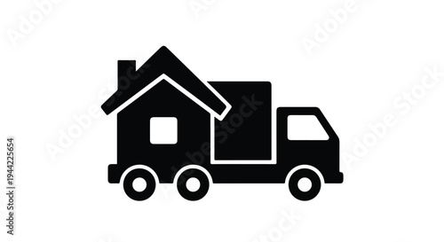 Simple black silhouette of a moving truck with a house on the back against a white background.