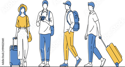 Travelers with Luggage Vector Illustration Set People Walking with Suitcases Backpack and Smartphone Modern Travel Lifestyle Characters