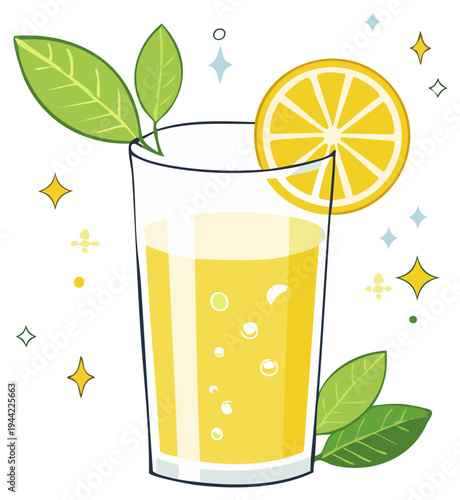 Sparkling citrus beverage in a tall glass with a lemon slice and fresh green leaves