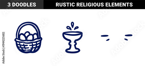 Rustic hand-drawn Easter and religious symbols featuring eggs in a wicker basket and a fountain with water droplets. Naive navy blue marker sketch.