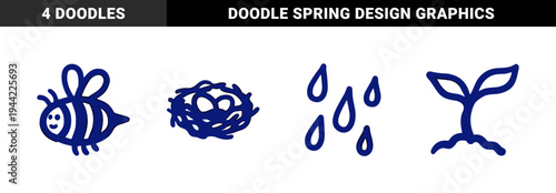 Hand-drawn nature and gardening elements with naive doodle aesthetic. Rustic marker sketch illustrations featuring bird nest, bee, sprout, and rain drops.