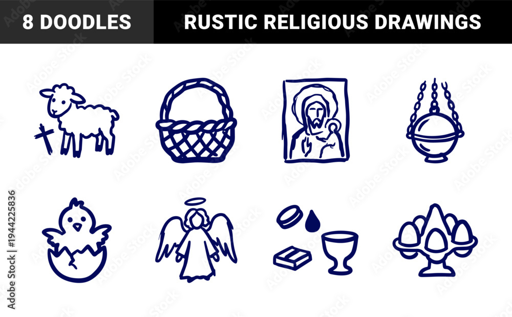 Obraz premium Hand-drawn Easter and Orthodox Christian religious elements for festive branding. Rustic, naive marker sketch illustrations featuring paschal traditions.