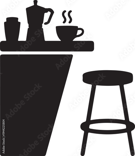 Coffee Bar Counter with Stool Icon – Cafe Interior Silhouette Vector