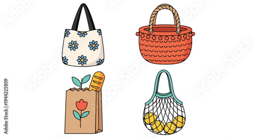 Four colorful reusable shopping bags with various designs on a white background.