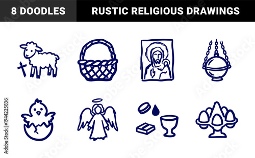 Hand-drawn Easter and Orthodox Christian religious elements for festive branding. Rustic, naive marker sketch illustrations featuring paschal traditions.