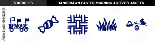 Hand-drawn spring and Easter celebration elements in a naive blue marker style. Rustic doodle illustrations featuring candy, parade float, and bunny in grass.