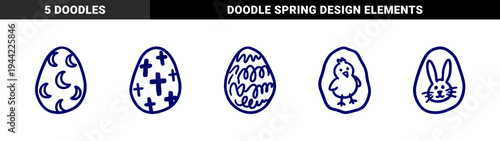 Hand-drawn Easter egg doodles with rustic holiday symbols for seasonal branding. Naive marker sketch illustrations featuring bunny, chick, and religious motifs.