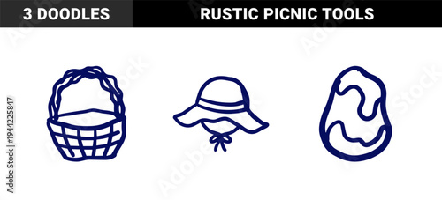Rustic hand-drawn garden and picnic elements for organic branding. Naive marker sketch illustrations of a wicker basket, sun hat, and organic potato.