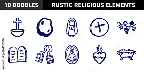 Catholic religious symbols and christian devotional elements in a naive blue marker doodle style. Rustic hand-drawn spiritual illustrations for faith-based branding.