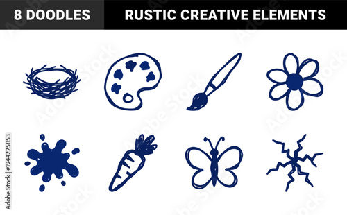 Hand-drawn nature and art elements in a naive doodle style. Dark blue marker sketch illustrations featuring butterfly, bird nest, palette, and organic shapes.