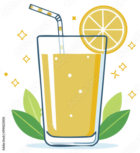 Fresh Lemonade Cartoon Illustration - Citrus Drink with Straw and Leaves Decoration