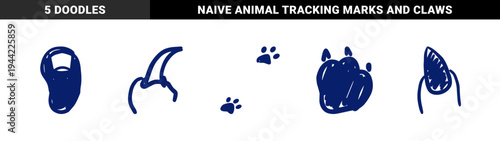 Hand-drawn animal claws and paw prints for wild nature branding. Naive marker sketch illustrations featuring predator and pet foot tracks.