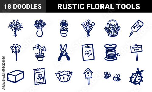 Hand-drawn garden and floral elements for organic branding. Rustic naive marker sketch illustrations featuring spring flowers and gardening tools.