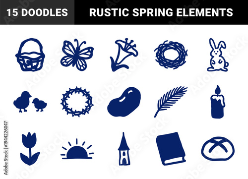 Hand-drawn Easter and religious spring elements for rustic branding. Naive marker sketch illustrations featuring bunny, eggs, and church symbols.