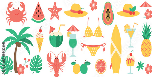 Tropical Summer Vacation Vector Set with Crab, Lobster, Surfboard, Palm Tree, Pineapple, Cocktail and Beach Holiday Elements