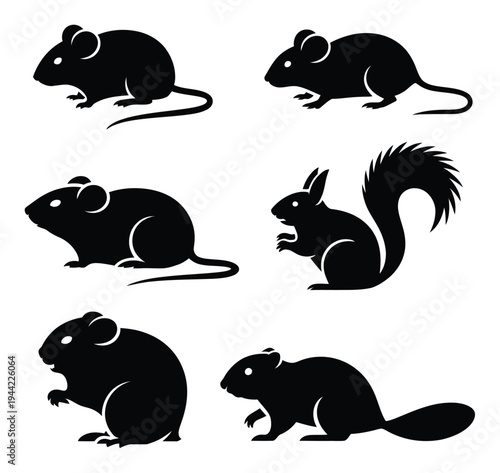Black silhouette vector illustrations of rodents and squirrel