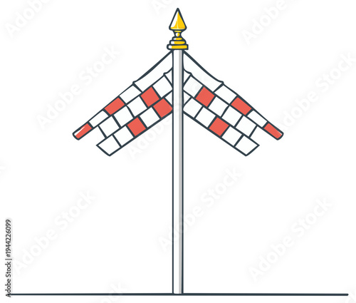 Hand drawn checkered flag on a pole with gold finial victory finish line symbol
