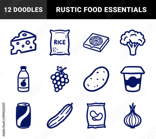 Hand-drawn grocery and supermarket food items in a rustic marker doodle style. Naive organic line art for food retail and kitchen branding.