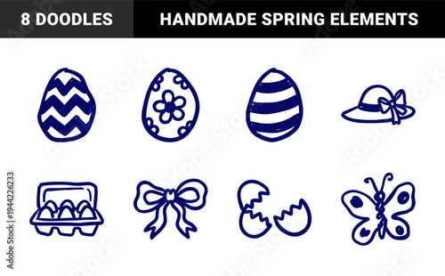 Hand-drawn Easter holiday elements for organic spring branding. Naive marker sketch illustrations featuring decorated eggs, butterfly, and festive bonnet.