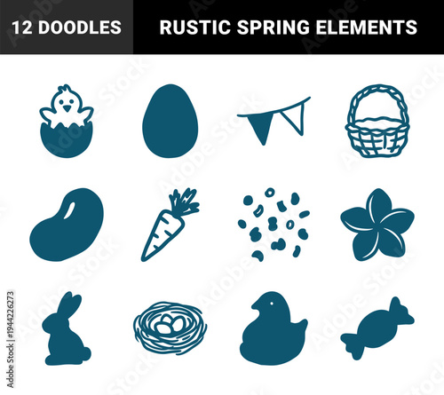 Hand-drawn Easter and springtime garden elements for organic brand identity. Rustic, naive marker sketch illustrations featuring holiday and nature concepts.
