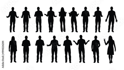 Collection of diverse human silhouettes in various poses and gestures on a white background