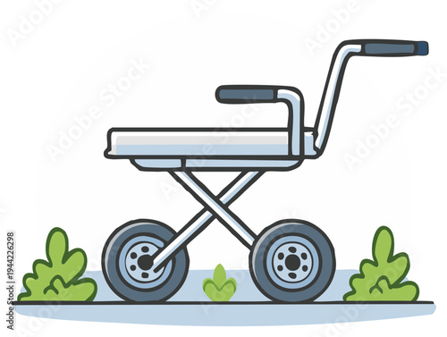 Illustrated cartoon style wheelchair with garden, disability mobility assistance equipment with handle on the street