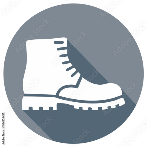 White lace up combat boot icon with long shadow on gray circle background