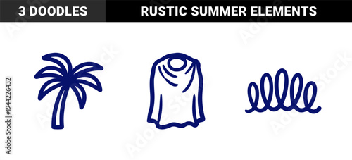 Hand-drawn coastal and summer vacation elements in a naive doodle style. Blue marker sketch illustrations featuring a palm tree, tunic, and waves.