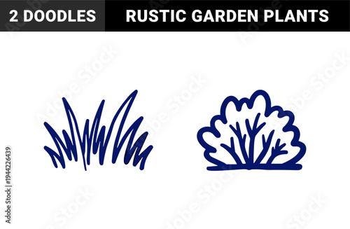 Hand-drawn grass and shrubbery garden elements for organic branding. Rustic naive marker sketch of backyard plant life and foliage.