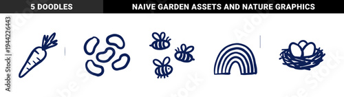 Hand-drawn garden and spring nature elements for organic brand identity. Rustic, naive marker sketch of carrot, bees, nest, and rainbow.