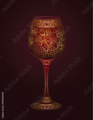 A glass of wine with a decorative ornament on a dark burgundy background