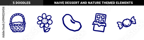 Hand-drawn confectionery and spring garden elements for organic branding. Rustic naive marker sketches of a basket, flower, bean, and sweets.