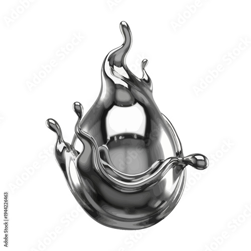 Dynamic chrome liquid splash capturing elegant fluid motion and reflective surface on a clean white background, creating an abstract metallic art form and visual design