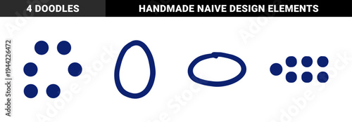 Hand-drawn organic navy blue geometric shapes and abstract dots for rustic brand identity. Naive marker sketch illustrations featuring imperfect circles and clusters.