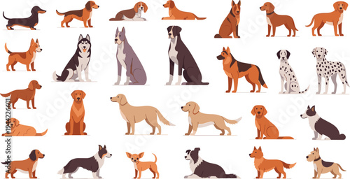 Different Dog Breeds Vector Set with Sitting, Standing and Lying Dogs Cartoon Domestic Pet Collection for Veterinary, Pet Care and Animal Design
