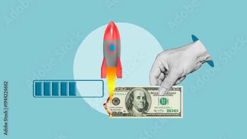 Φωτογραφία Startup burn rate concept with rocket burning a dollar bill, symbolizing rapid c