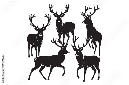 Silhouette illustration of five majestic deer with large antlers